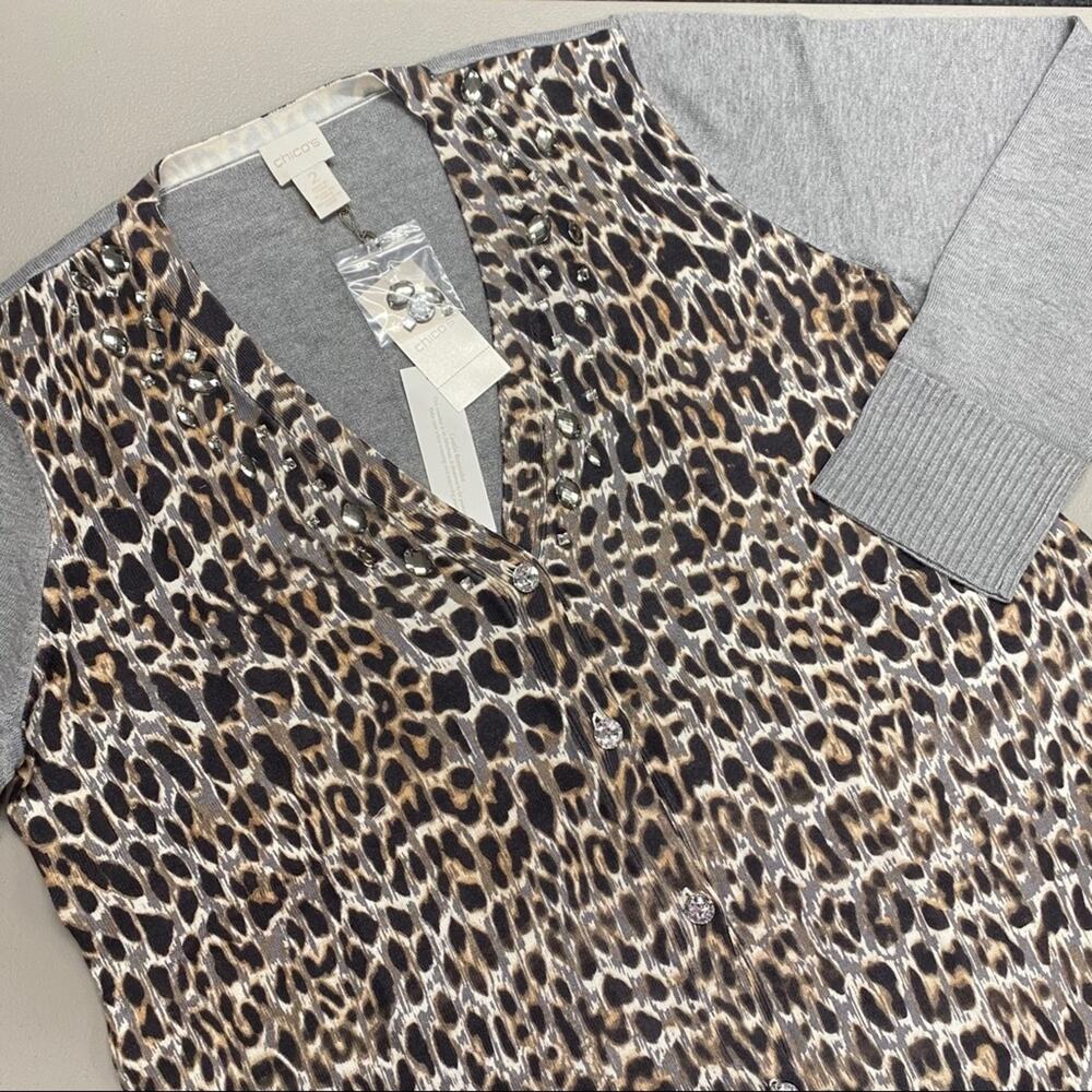 Chicos Embellished Animal Print Gray Peyton Button Cardigan Sweater NWT